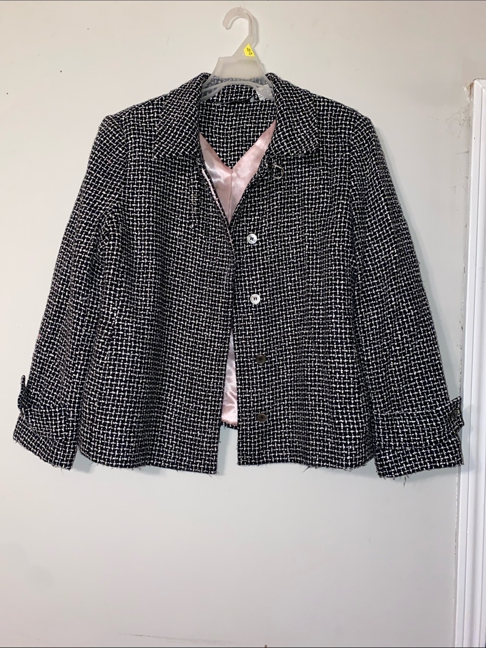 Marisa Christina Black & White Tweed Blazer with Pink Satin Lining